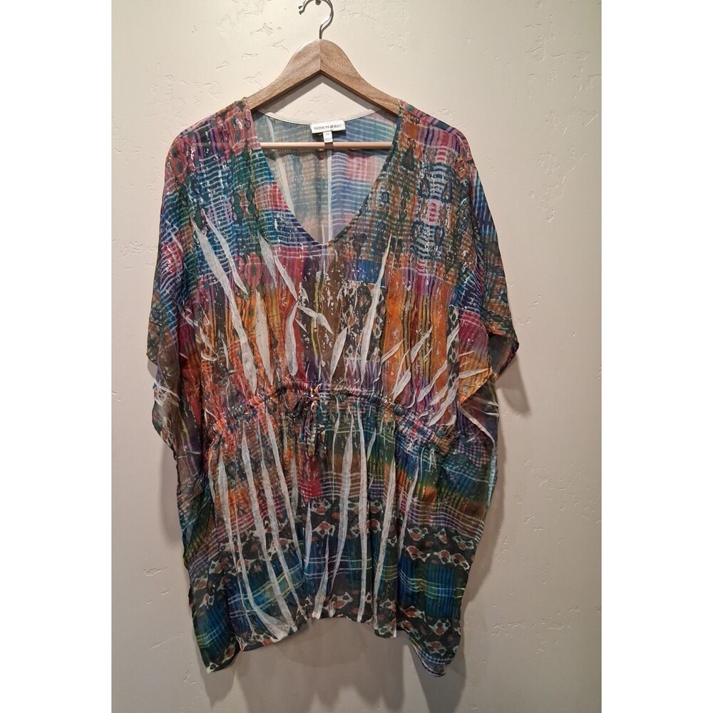 Fashion Bug Women's Plus 2X Multi-Color Silver Metallic Sheer Top Batwing Tunic‎